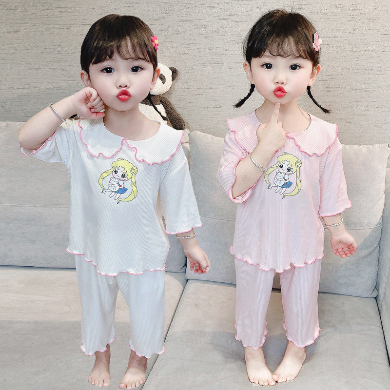 儿童睡衣夏季薄款女童中袖纯棉空调服美少女战士家居服套装女宝宝