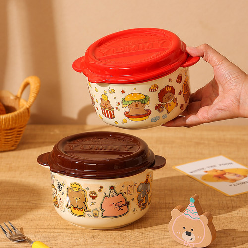 鹿谷川带盖陶瓷泡面碗易清洗