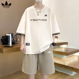 奥莱专柜休闲运动套装男士夏季薄款宽松大码短袖短裤帅气一套搭配