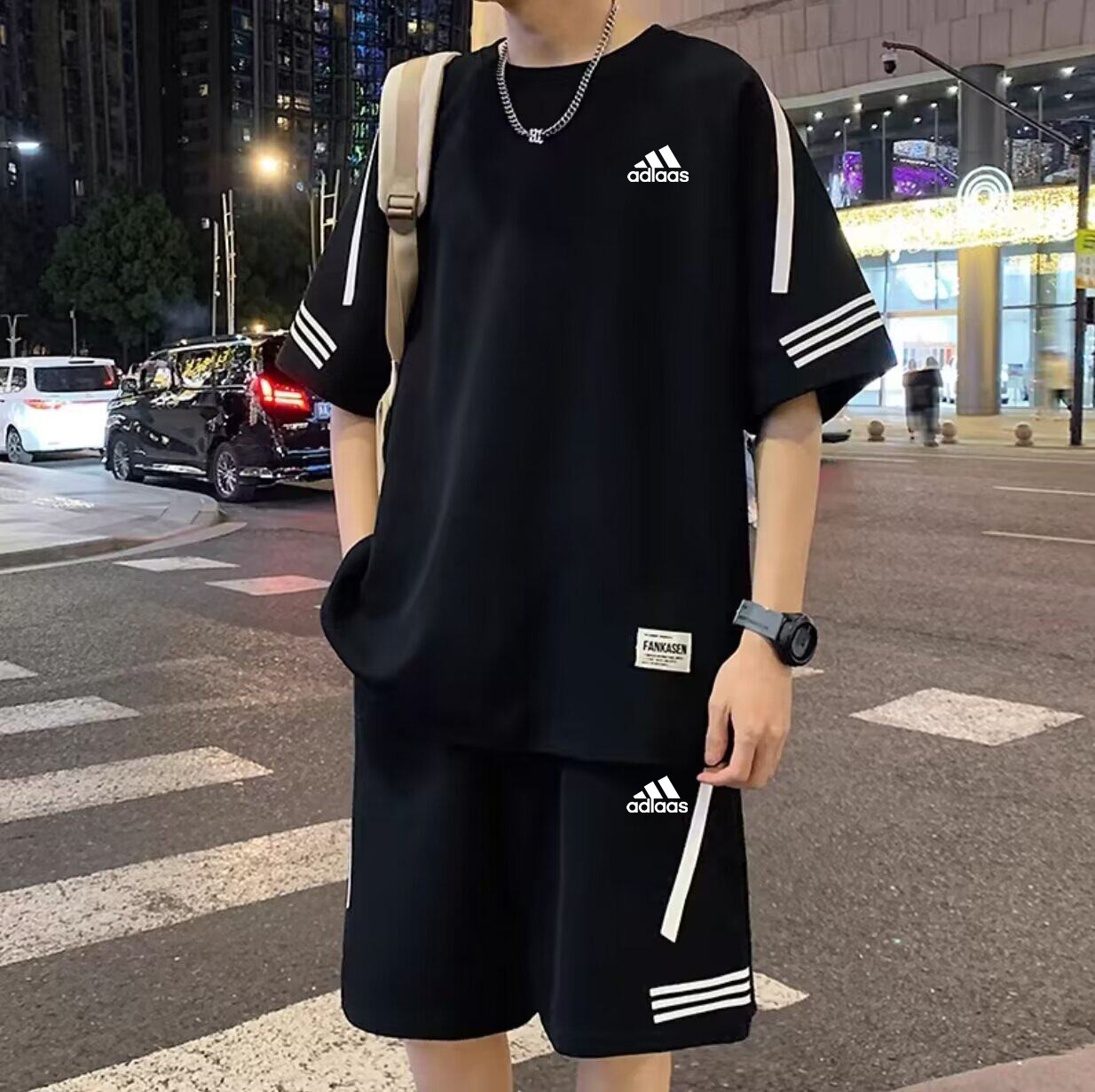 奥莱专柜冰丝运动套装男士夏季薄款透气短袖短裤潮牌帅气一套搭配