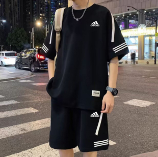 奥莱专柜冰丝运动套装男士夏季薄款透气短袖短裤潮牌帅气一套搭配