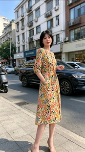 新款真丝夏季抽绳修身大码遮肉时尚显瘦碎花连衣裙