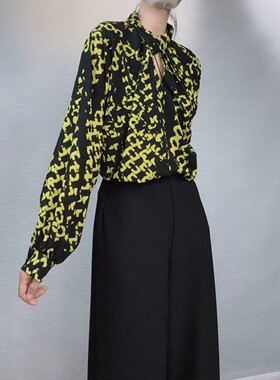 春秋新款时尚立领印花长袖真丝衬衫女款宽松显瘦百搭上衣