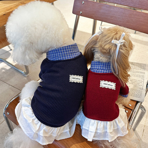 袋袋猫 miu系假两件宠物毛衣连衣裙 马尔济斯比熊小狗秋冬衣服