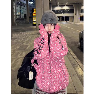 美式 外套 高街哥特风十字架宽松粉色连帽卫衣女秋冬高级感拉链开衫