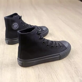 环球高帮帆布鞋女全黑色工作鞋韩版百搭板鞋潮鞋系带圆头工装鞋子