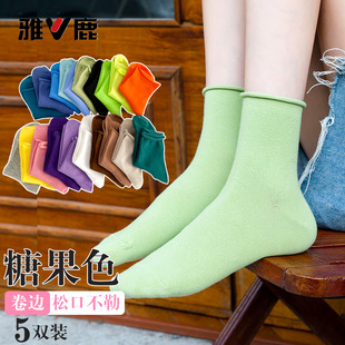 彩色袜子女中筒袜秋冬多巴胺卷边堆堆袜糖果色棉袜吸汗透气女袜