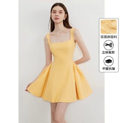 【度假系列】2025夏季新款黄色吊带连衣裙女多巴胺裙子短裙