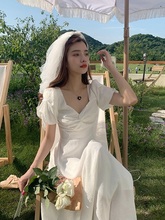 2023夏季新款法式仙女初恋白色连衣裙收腰显瘦气质温柔风甜美长裙