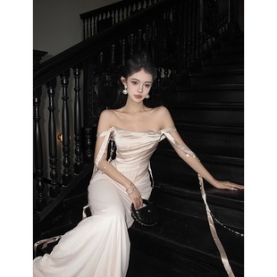一字肩连衣裙高级感宴会晚礼服成人礼重工鱼骨包臀裙绝美生日裙子