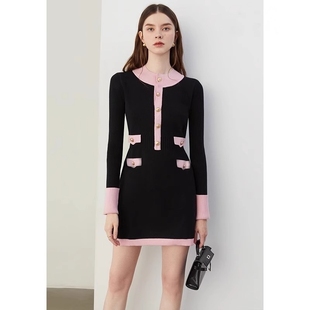 2024秋季新品优雅气质拼色圆领收腰连衣裙长袖针织连衣裙女