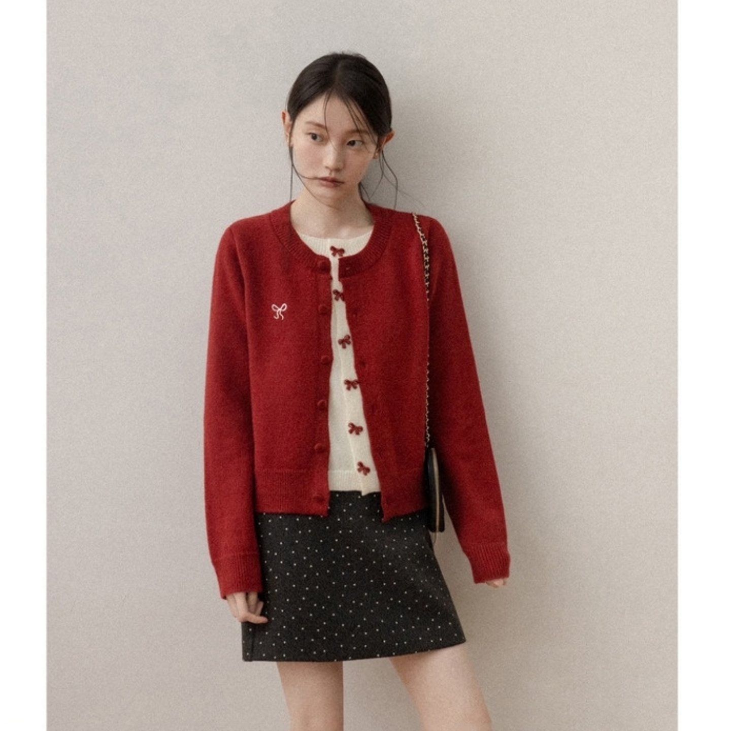 故事 复古红色假两件针织衫女早秋通勤蝴蝶结开衫外套上衣