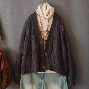 春季新款 文艺范复古加厚宽松短款大码麻花编织毛衣开衫外套女士
