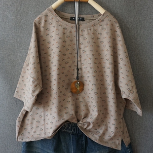 雨儿2025春夏新款大码文艺休闲小碎花短袖T恤女宽松显瘦百搭上衣