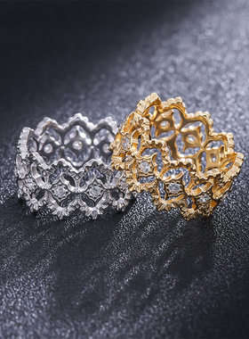 S925纯银！宽版蕾丝菱格戒指布布风镂空满钻轻奢小众时尚纯银戒指