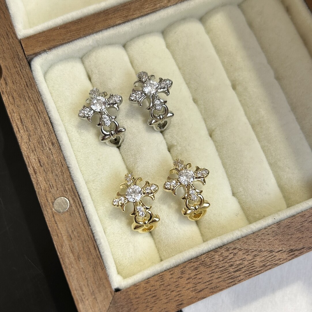 S925纯银！十字架耳环耳扣时尚纯银ins个性不规则微镶锆石简约