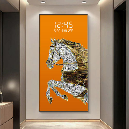 马到成功入户玄关装饰画数显电子钟表挂画大气走廊尽头时钟壁灯画