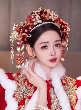 秀禾服头饰中式新娘凤冠新款超仙红色蝴蝶结琉璃发冠古风婚礼发饰