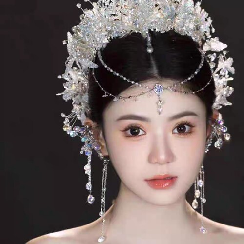 奢华闪亮皇冠新娘头饰眉心坠王冠额链主纱公主礼服发饰婚纱配饰品