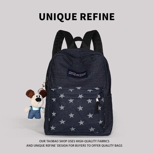 0118#新品 背包女高中生书包牛仔布拼色条纹大容量大学生双肩包男