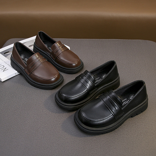 软底2025春秋季 黑色女童休闲鞋 新款 男童豆豆鞋 英伦风 韩版 儿童皮鞋