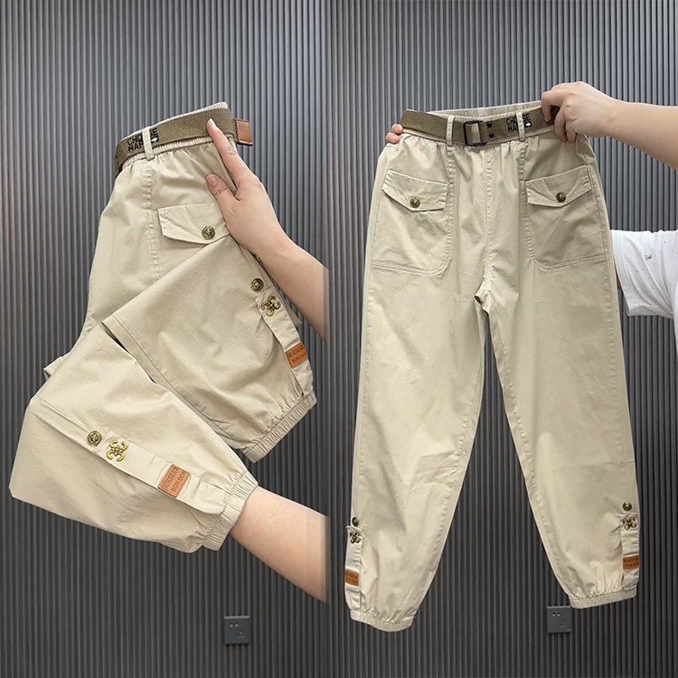 2024夏季薄款丝光棉休闲工装裤女宽松百搭束脚九分小个子哈伦裤子