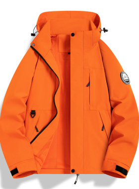 户外情侣冲锋衣冬季橙色防风防水登山服2025新款运动上衣连帽外套