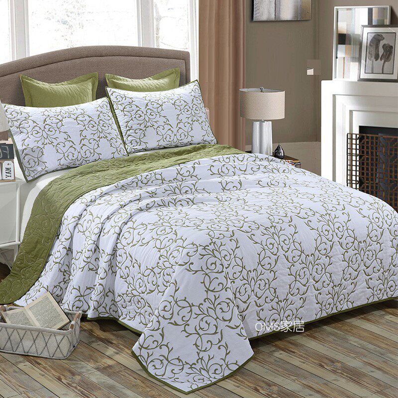 欧式纯棉床盖三件套夹棉不褶皱床单加厚榻榻米防滑绣花绗缝被床罩