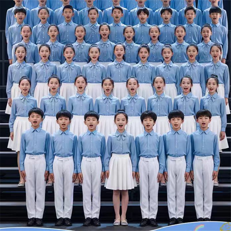 儿童合唱演出服男女童蓝色蝴蝶结衬衫中小学生爱国主题表演服装