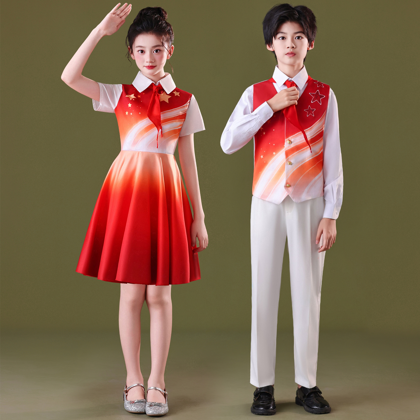 国庆儿童合唱朗诵演出服女童诗歌爱国红色中小学生演讲比赛礼服装
