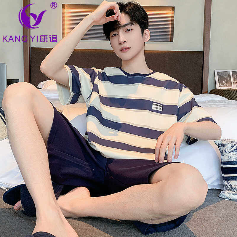 康谊纯棉睡衣男士睡衣春秋款2024新款夏季短袖短裤时尚家居服套装