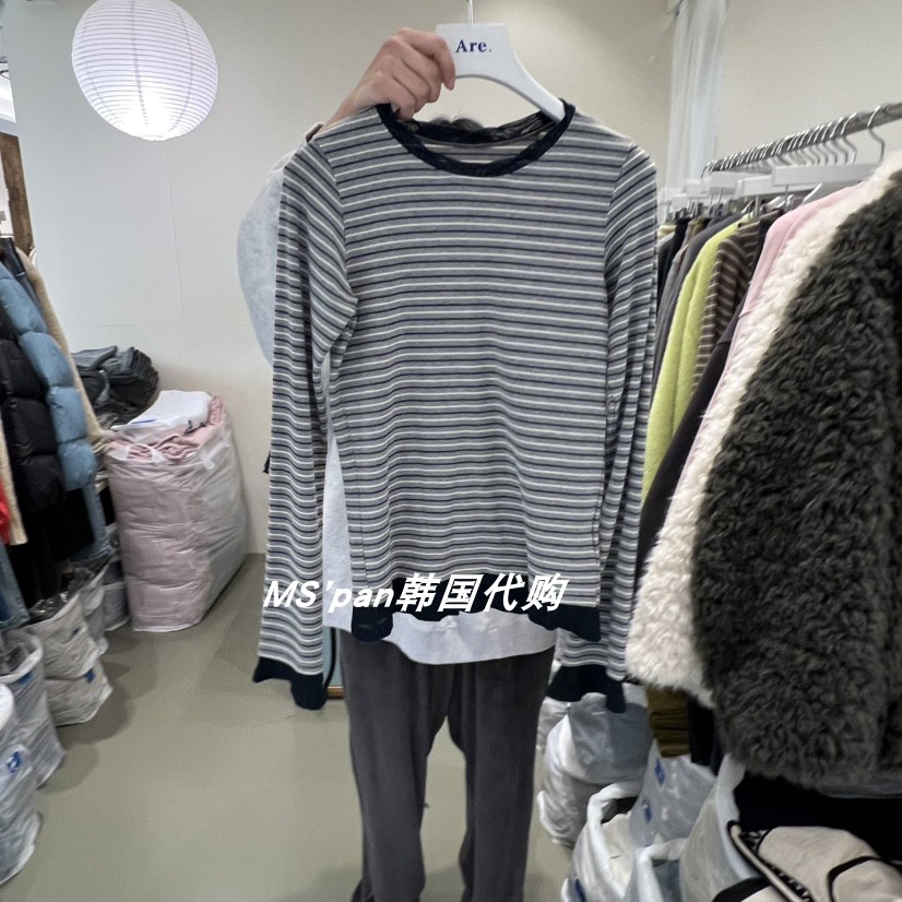 直邮 韩国东大门代购女装2025冬季新款撞色条纹圆领百搭长袖T恤