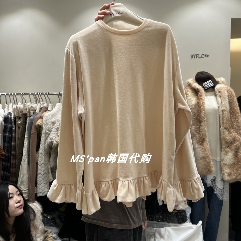 直邮 韩国东大门代购女装2025冬季新款甜美荷叶边圆领百搭长袖T恤