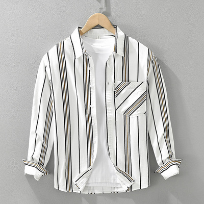 条纹长袖衬衫男宽松潮牌