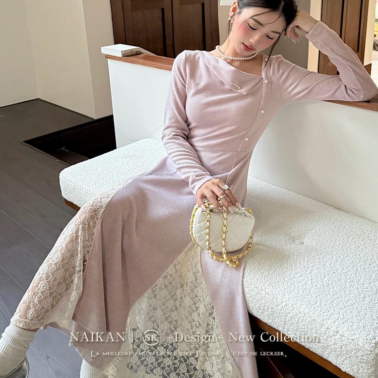 蕾丝拼接V领修身24春季新款法式