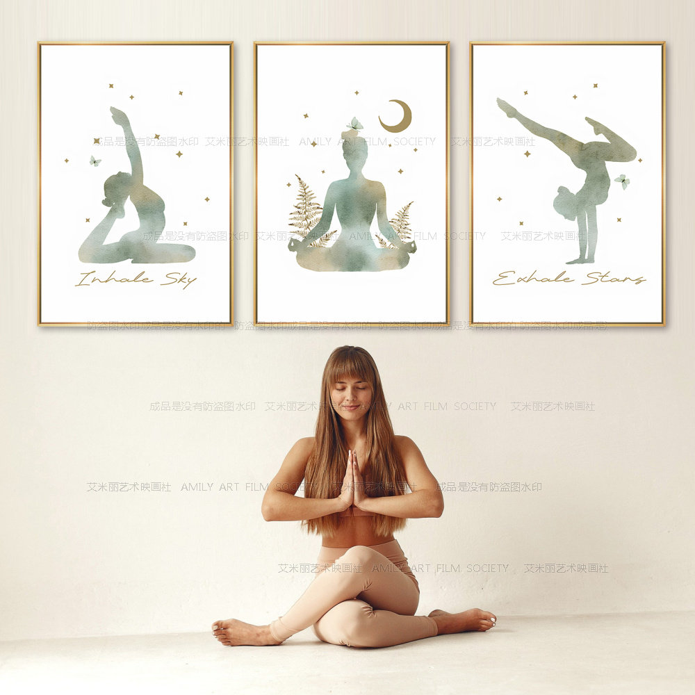 瑜伽馆背景墙装饰壁画温馨YOGA房挂画普拉提动作婵柔馆工作室壁画