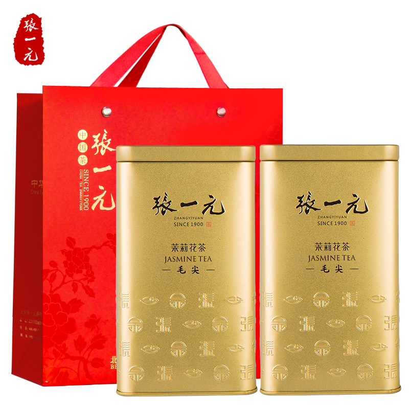 张一元茶叶茉莉花茶八窨茉莉毛尖金桶两罐装400g( 200g*2罐)