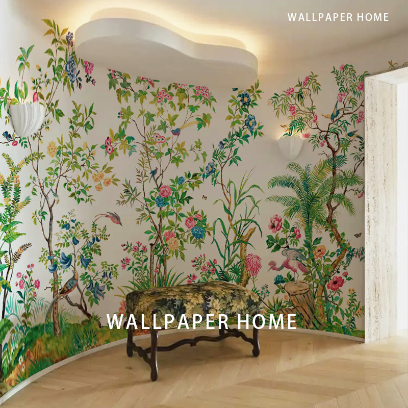 中古南洋风墙纸法式复古中式花鸟定制壁画客厅卧室背景墙壁布壁纸
