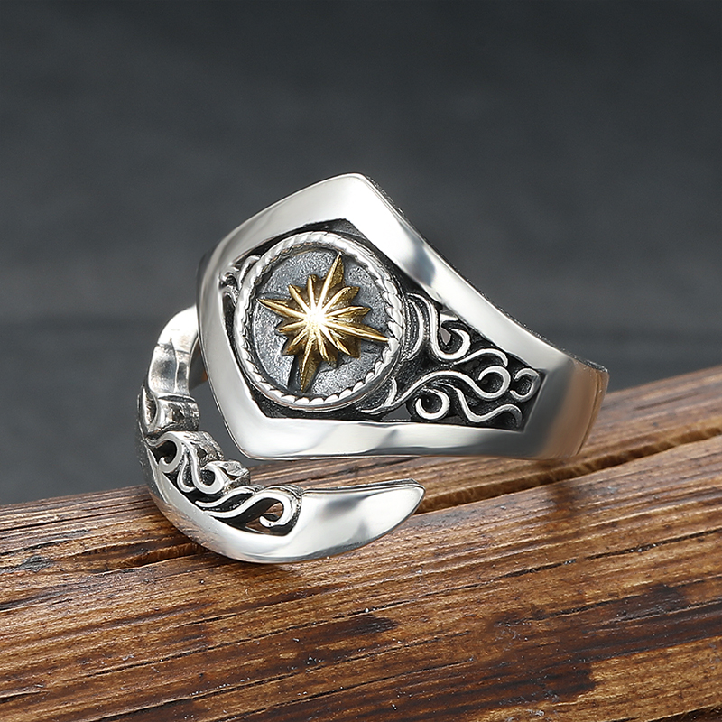 印第安太阳星芒潮人个性开口指环做旧复古痞帅男士戒指S925纯银女