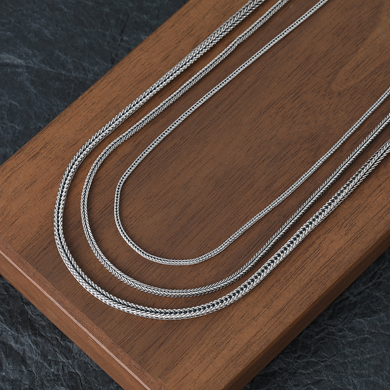 S925纯银方形蛇骨项链男女泰银做旧狐尾链肖邦链锁骨链长款单链子