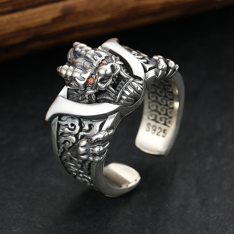 S925纯银复古龙年本命年龙戒指霸气夸张独特男士食指戒开口指环潮