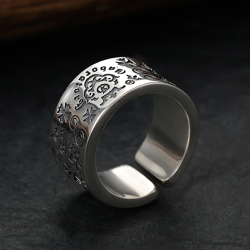 欧美潮流涂鸦戒指男款S925纯银百搭宽面指环个性嘻哈开口可调节