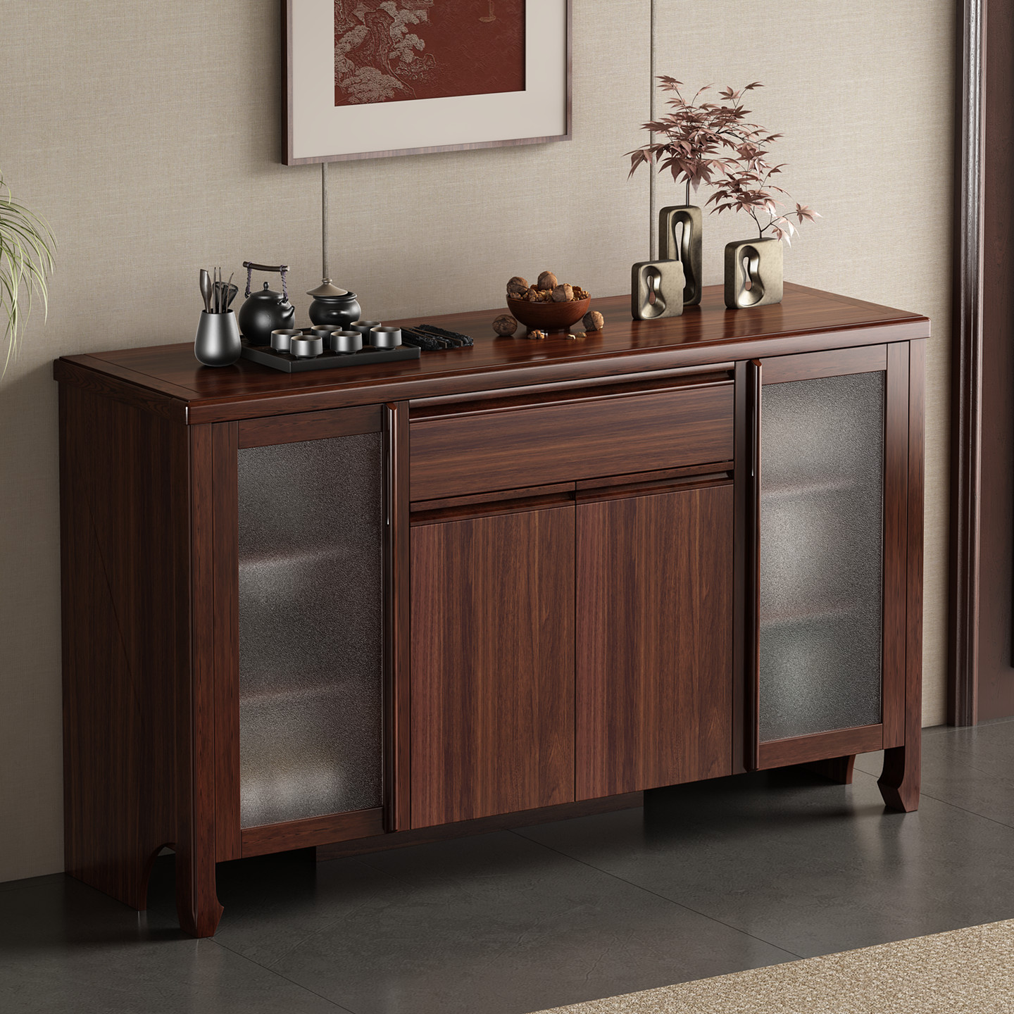 新中式餐边柜酒柜客厅实木储物柜一体靠墙茶水柜多功能厨房碗柜子