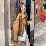 咖色花朵镂空麂皮绒短外套女2025秋季新款小个子洋气减龄夹克上衣，女装短外套，2C151