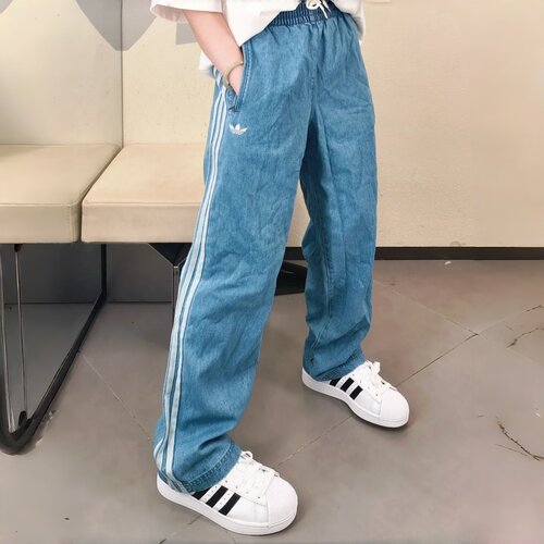 adidas阿迪达斯三叶草男子宽松透气运动直筒条纹牛仔长裤KX1195