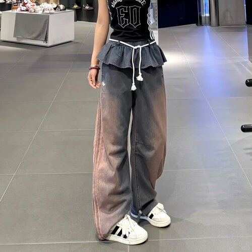 Adidas阿迪达斯三叶草女子撞色拼接荷叶边牛仔裤显瘦阔腿裤KS0624