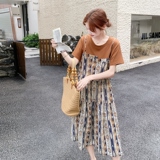 小个子假两件拼接碎花吊带连衣裙女2025夏新款宽松遮肉显瘦T恤裙，女装连衣裙，2C198