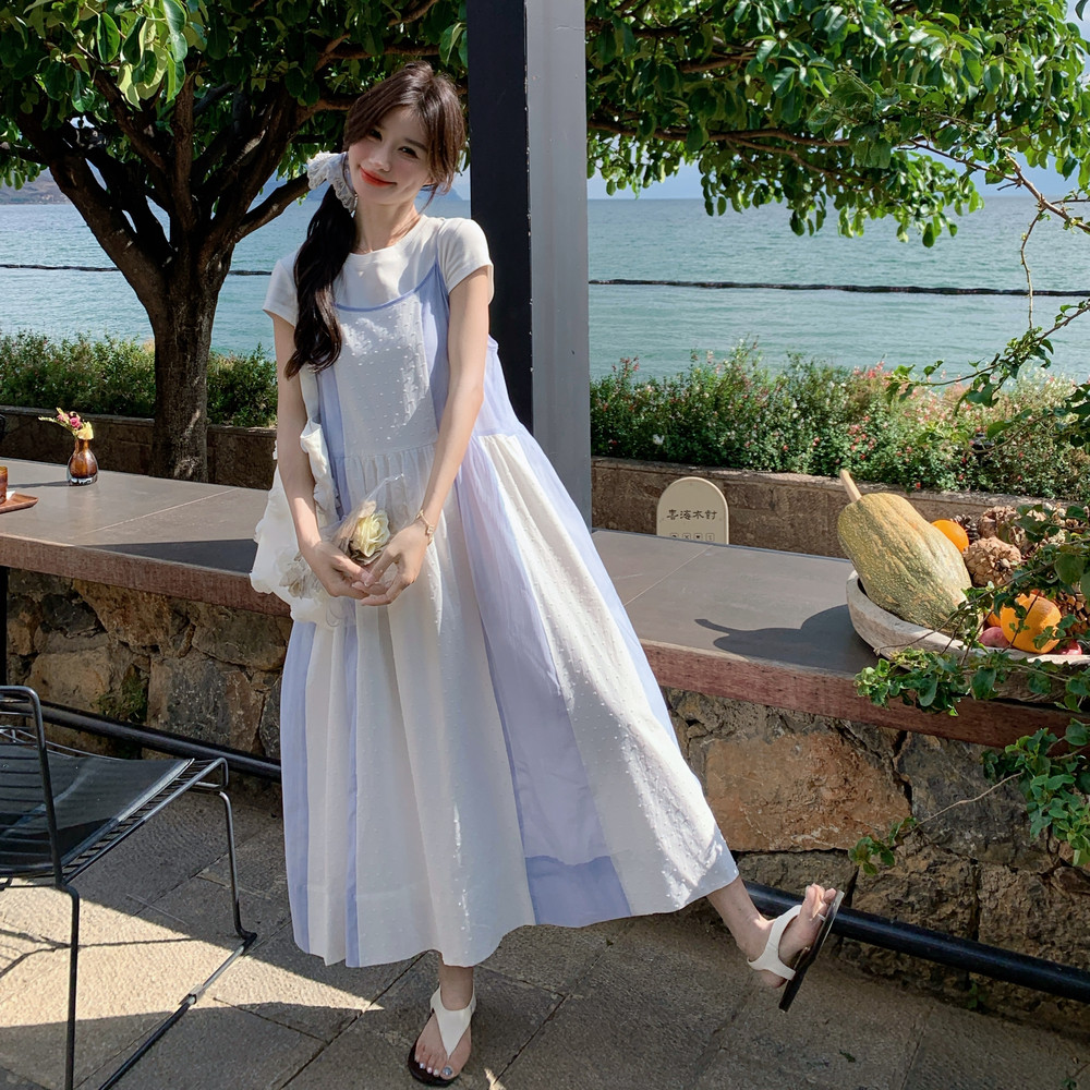 撞色拼接吊带连衣裙女2025夏季新款法式度假风甜美减龄长裙两件套,女装连衣裙,2C198