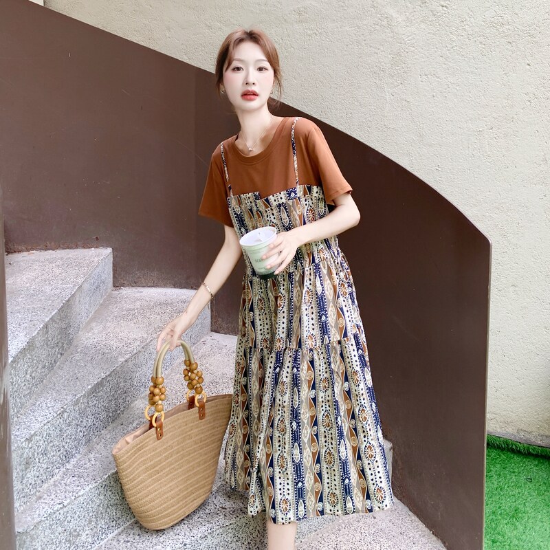 小个子假两件拼接碎花吊带连衣裙女2025夏新款宽松遮肉显瘦T恤裙图片