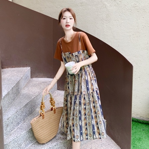 小个子假两件拼接碎花吊带连衣裙女2025夏新款宽松遮肉显瘦T恤裙图片